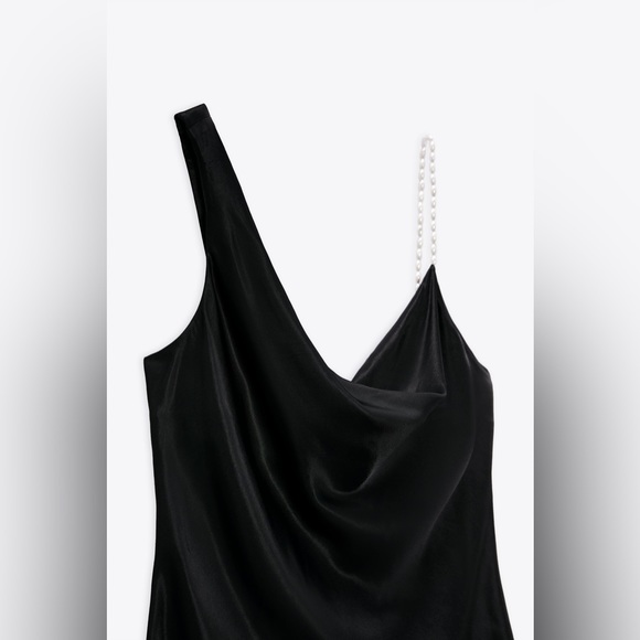 Zara Black Satin Silk Cowl Neck Pearl Strap Tank Top Small S - Picture 3 of 4